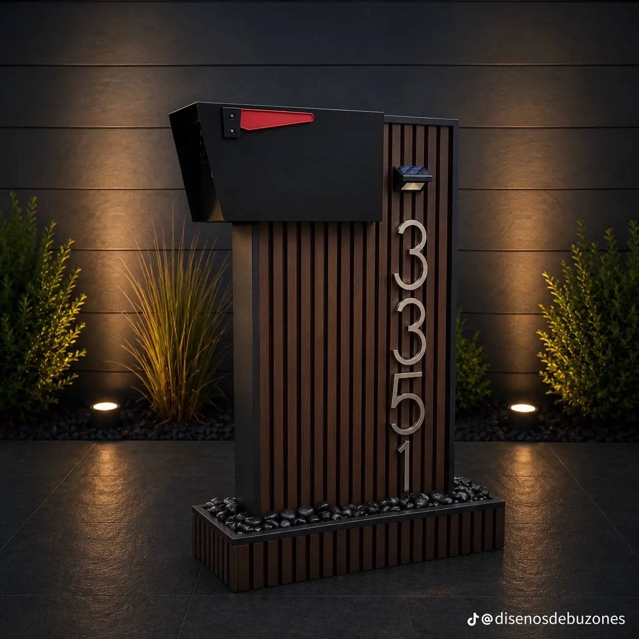 Custom black mailbox with red flag on a tall wood-slat pedestal with vertical silver address numbers and a small solar light